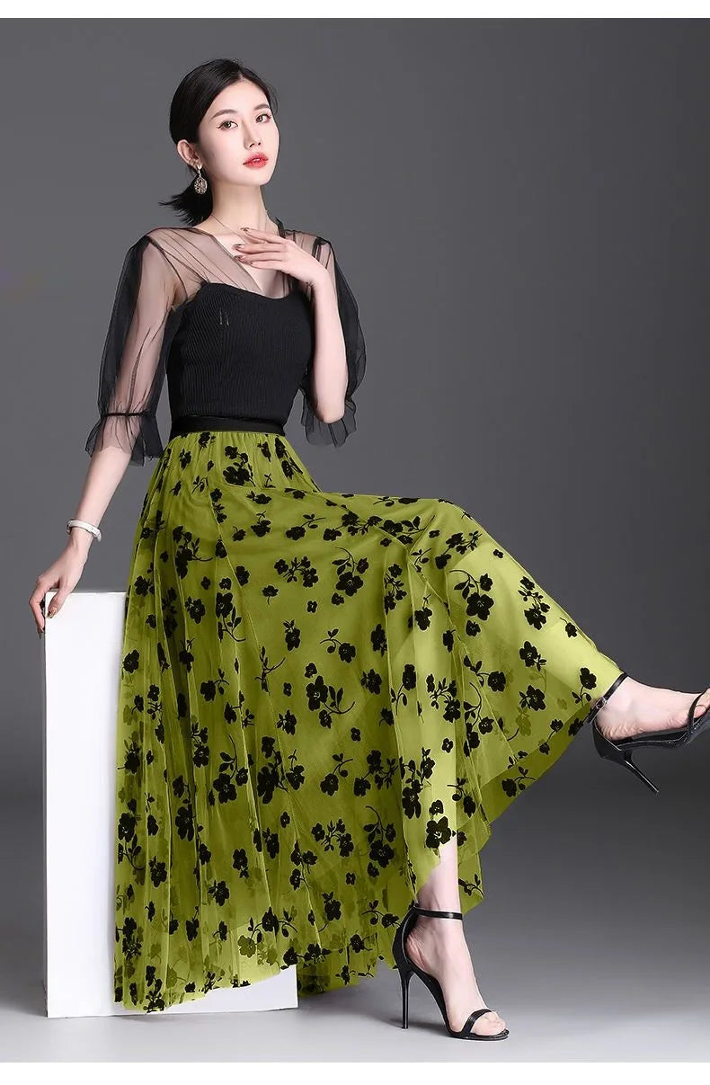 Flocking Floral Pirnted Long Mesh Skirt for Women, High Waist, Max Pleated Tutu, Tulle Skirt, Gauze Skirt, Female, 2025