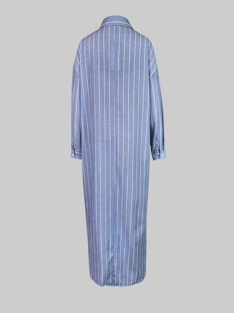 Women's summer New V-neck Fashionable Button Striped Round Neck Long Sleeved Simple Loose Long Sleeved Pullover Dress