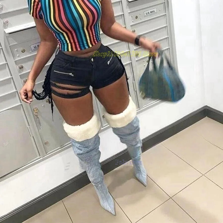 Winter Furry Thigh High Boots Sexy Pointed Toe High Heels Boots Women Shoes Vintage Warm Heel Boots 2023 New Zapatos Para Mujere