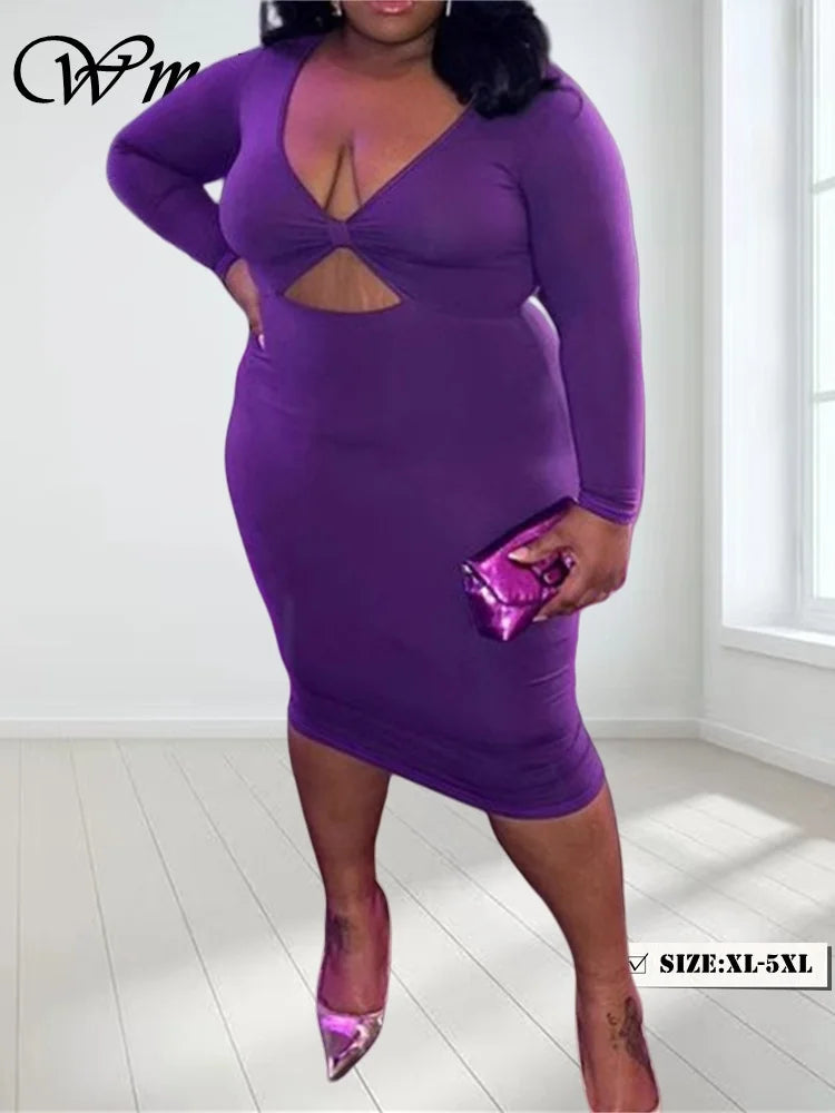 Wmstar Plus Size Dresses Women Bodycon Stretch V Neck Hollow Out Elegant Long Sleeve Maxi Dress Summer Wholesale Dropshipping