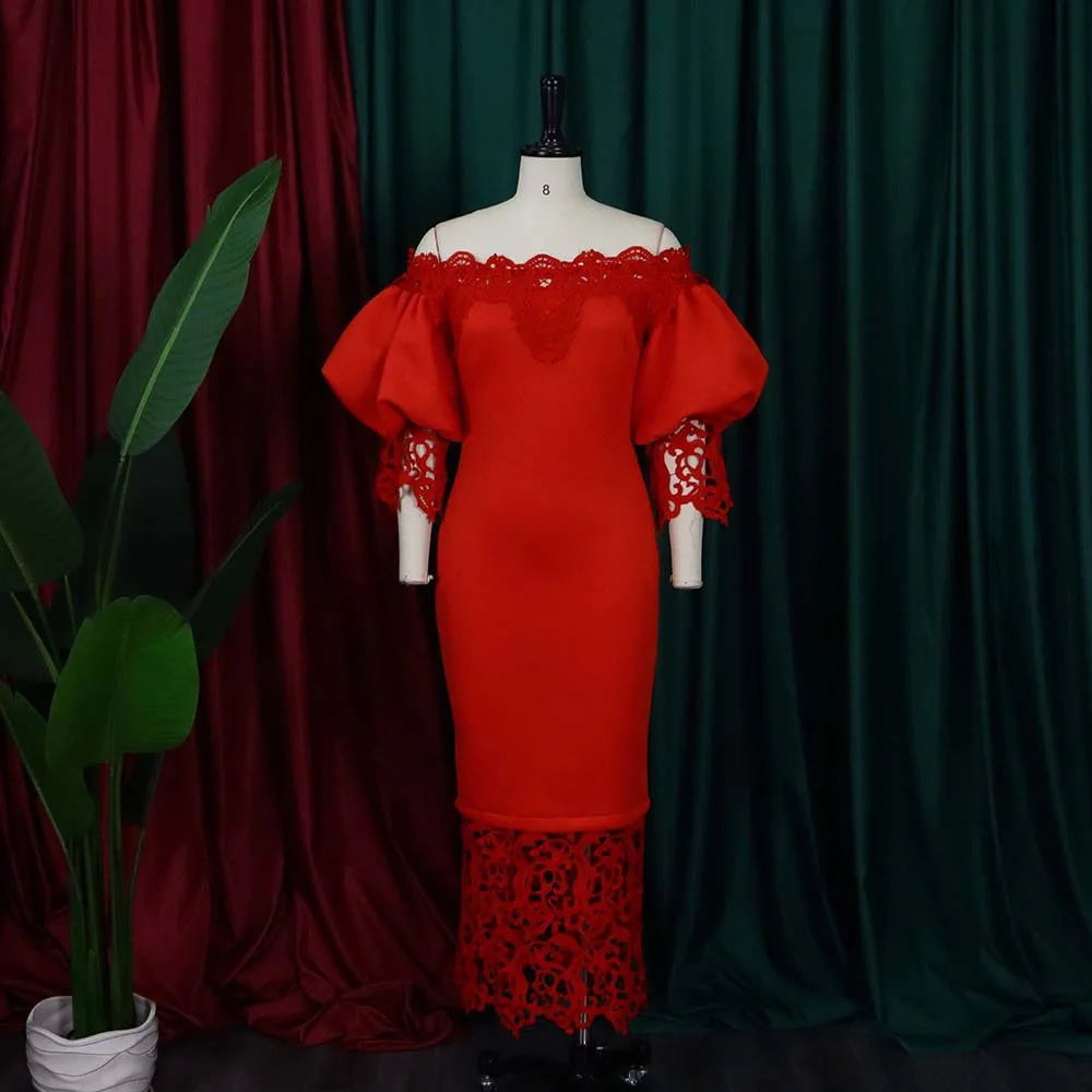 Elegant Dresses for Woman Off the Shoulder Lantern Sleeve Lace Patchwork Sheath Package Hips Ankle Length Luxury Birthday Dress