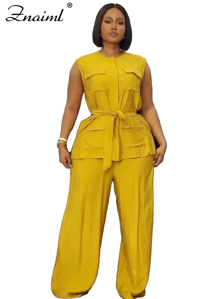 Znaiml Elegant Loose O-neck Sleeveless Pockets Bandage Top and Wide Leg Pants 2 Pieces Sets Women Casual Streetwear Outfits y2k