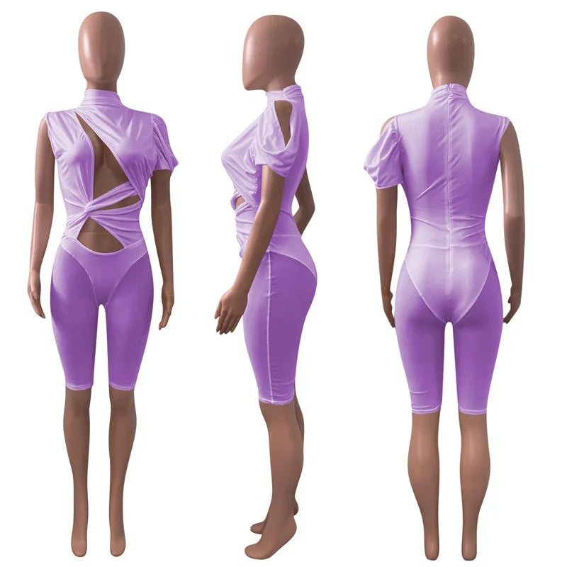 Sexy Mesh Patchwork See Through Skinny Playsuit Women One Shoulder Draped Hollow Out One Piece Rompers Party Club Jumpsuit Short