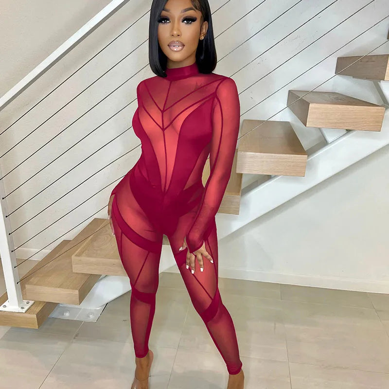 Sexy Sheer Mesh Jumpsuits Women Party Club Outfits Skinny Patchwork Long Sleeve See Through Rompers Womens Jumpsuit Midnight