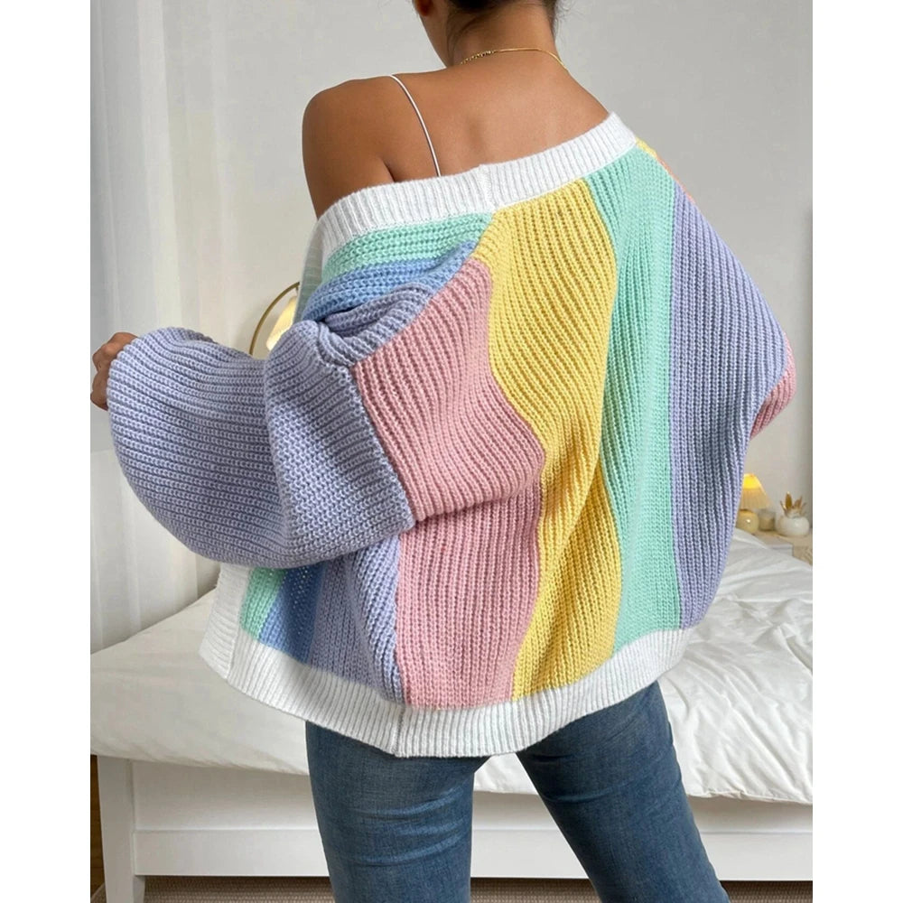 Autumn Women Rainbow Open Stitch Sweater Knitted Cardigan Fashion Long Sleeve Colorblock Striped Longline Casual Long Coat