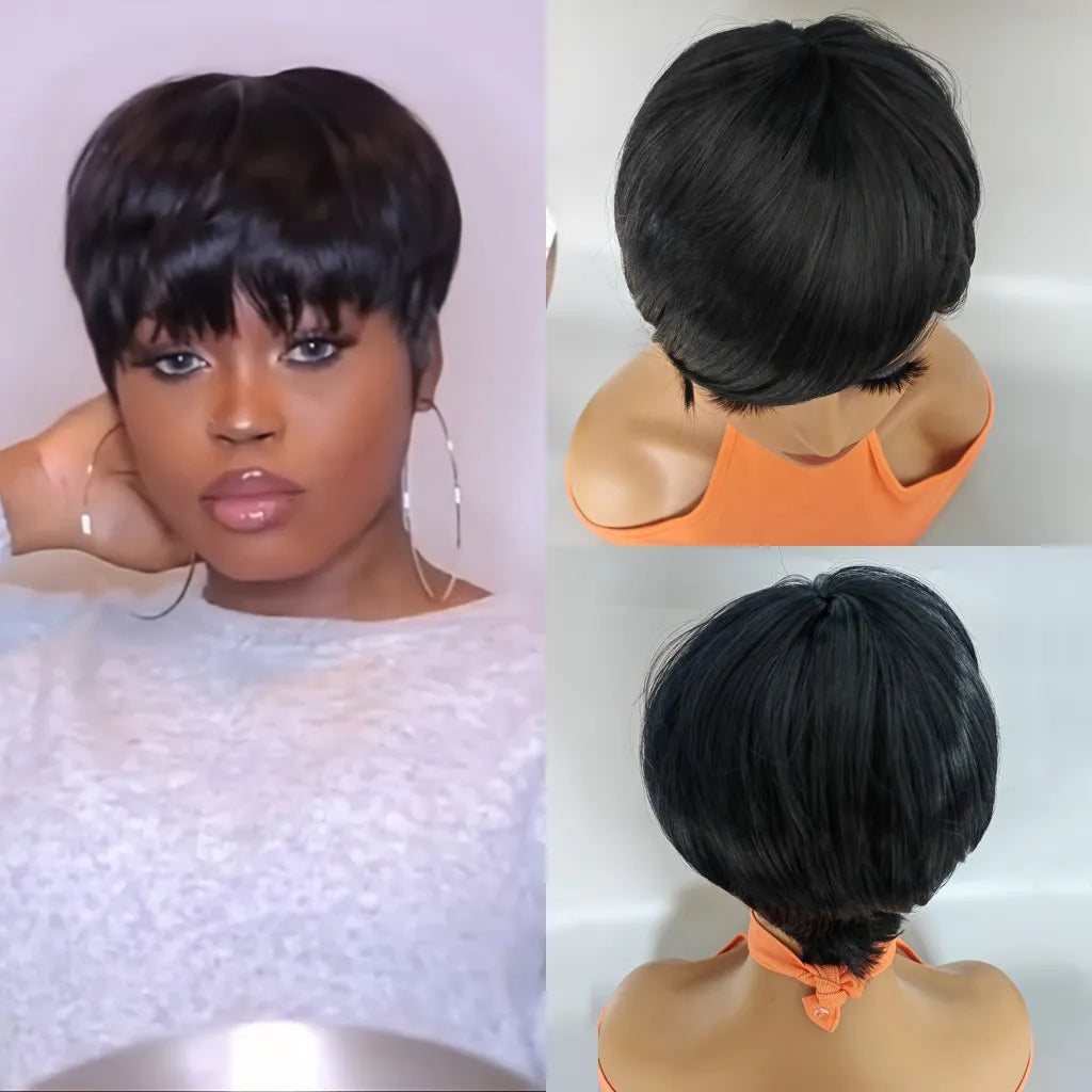 Heat Resistant Short Straight Synthetic Wig With Bangs For Women
