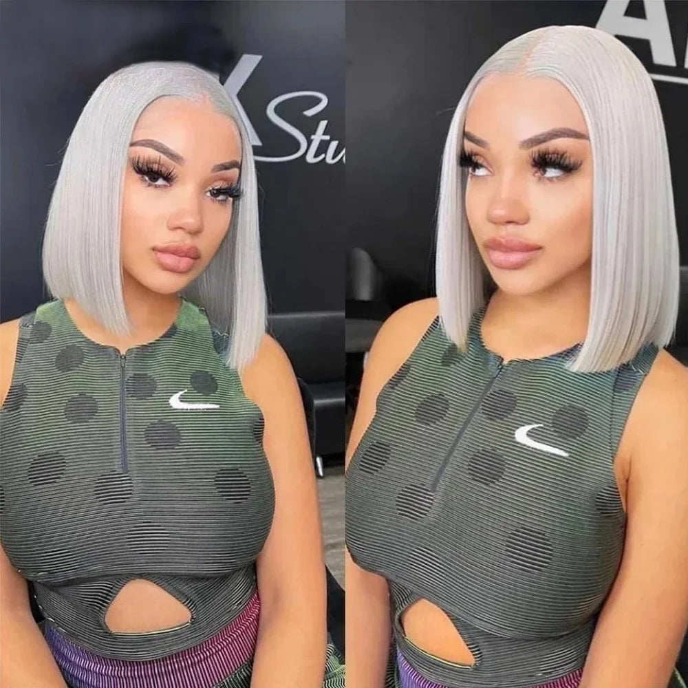 Silver Grey Straight Bob Human Hair Wigs Gray 13x4 Transparent Lace Front Short Bob Short Wigs Human Hair For Women Preplucked