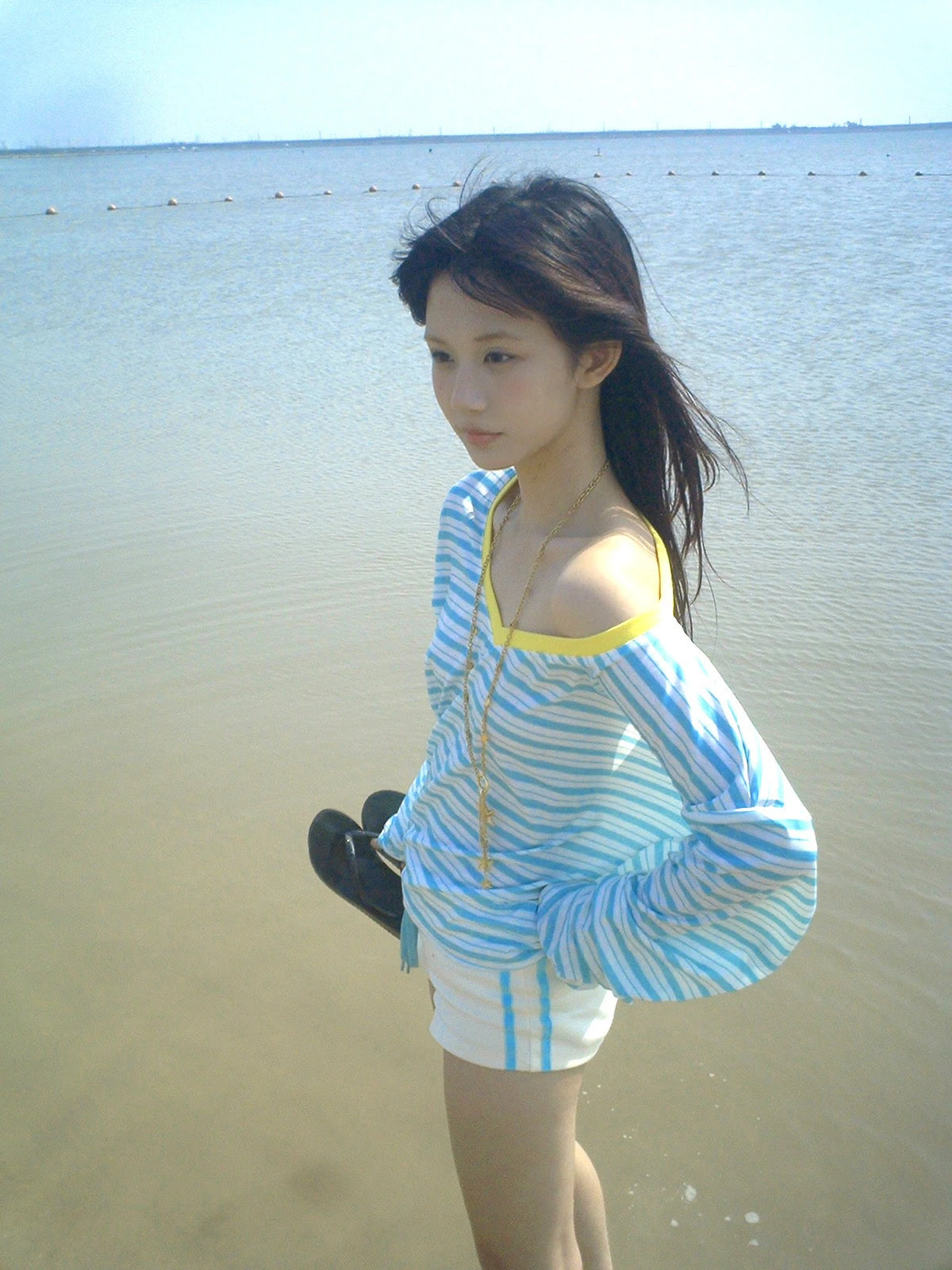 Karrram Japanese Y2k Blue Striped T-shirt Korean 2000s Style V-neck Long Sleeve T Shirt Vintage Harajuku Off Shoulder Loose Tops