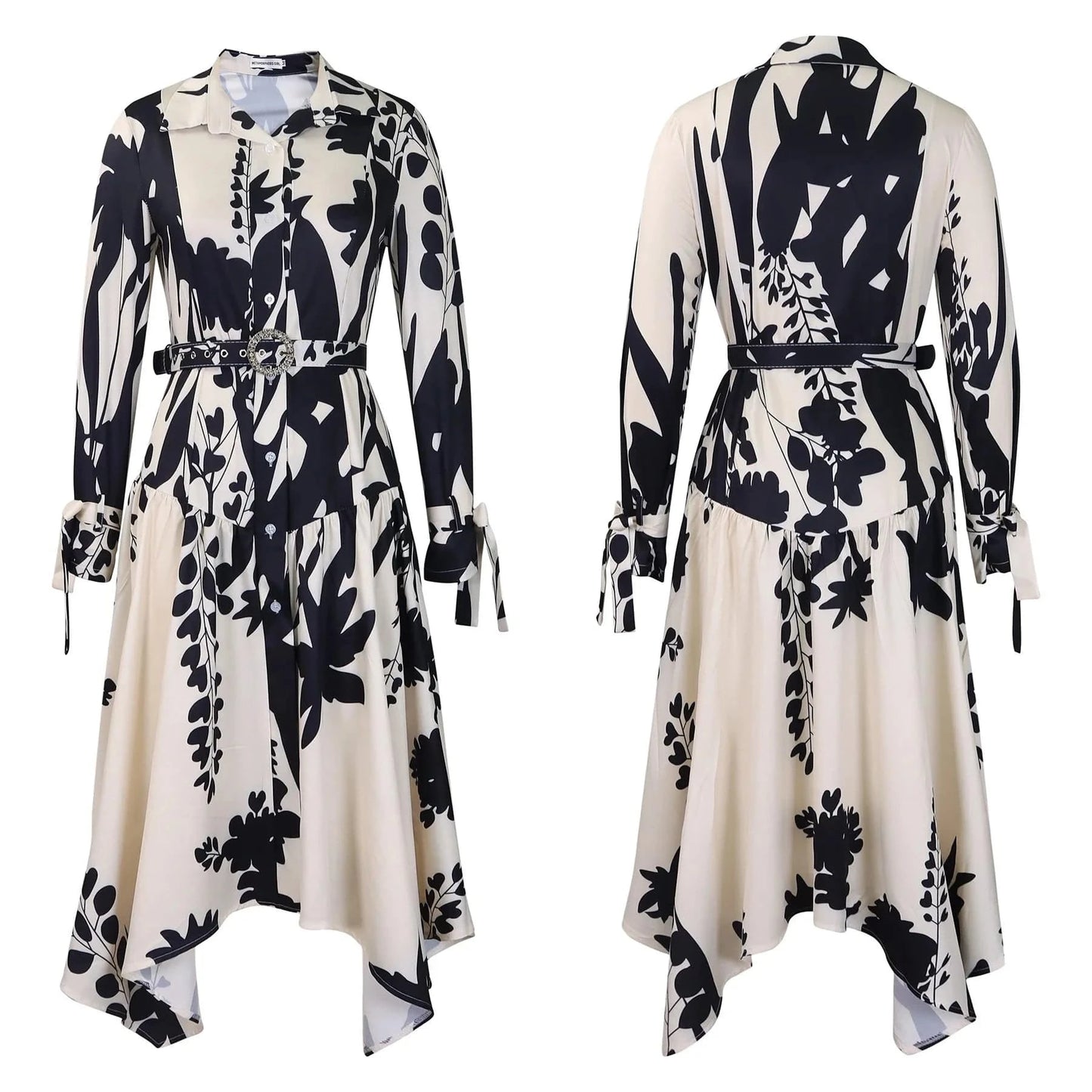 Elegant Printed Dresses Woman 2024 Turn Down Collar Single Breasted Full Sleeve Asymmetric Ankle Length Fashion Birthday Dress