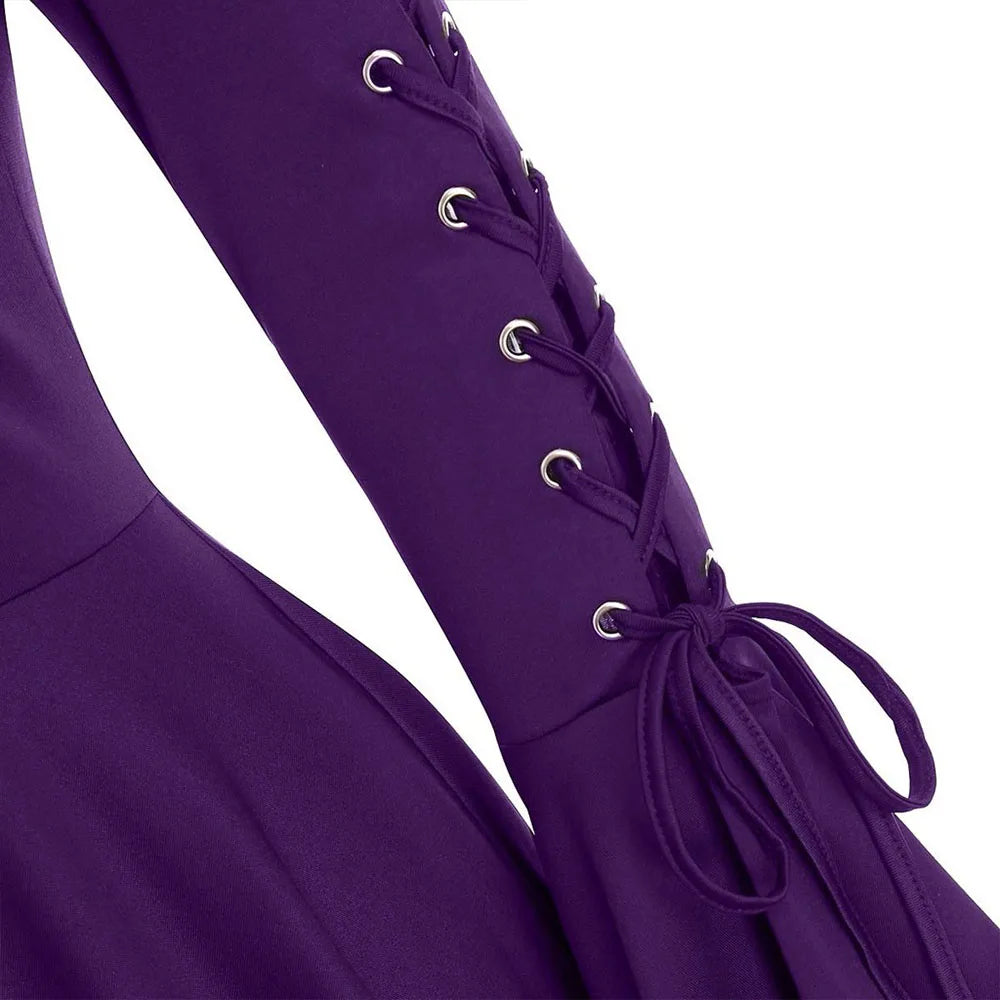 Halloween Women's Gothic Hooded Ruffle Flared Sleeve Lace Up Cloak Cape Tunic Tops Ladies Party Witch Costume Size S-2XL