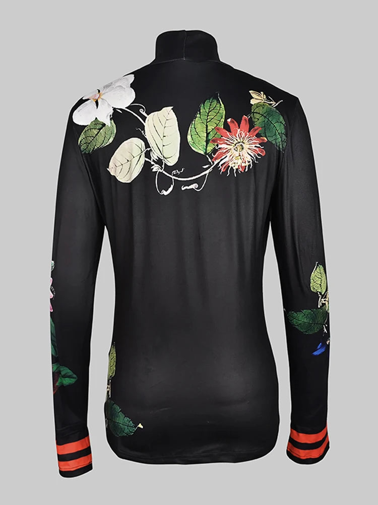 Women's Vintage Floral Printed High Neck Tops 2025 New Fashion Autumn Winter Long Sleeves Casual Skinny Split-Joint T-shirts