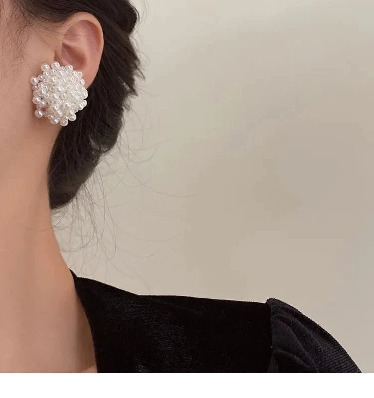 Exquisite Pearl Braided Flower Earrings for Women French Exaggerated Round Brincos Wedding Party Jewelry