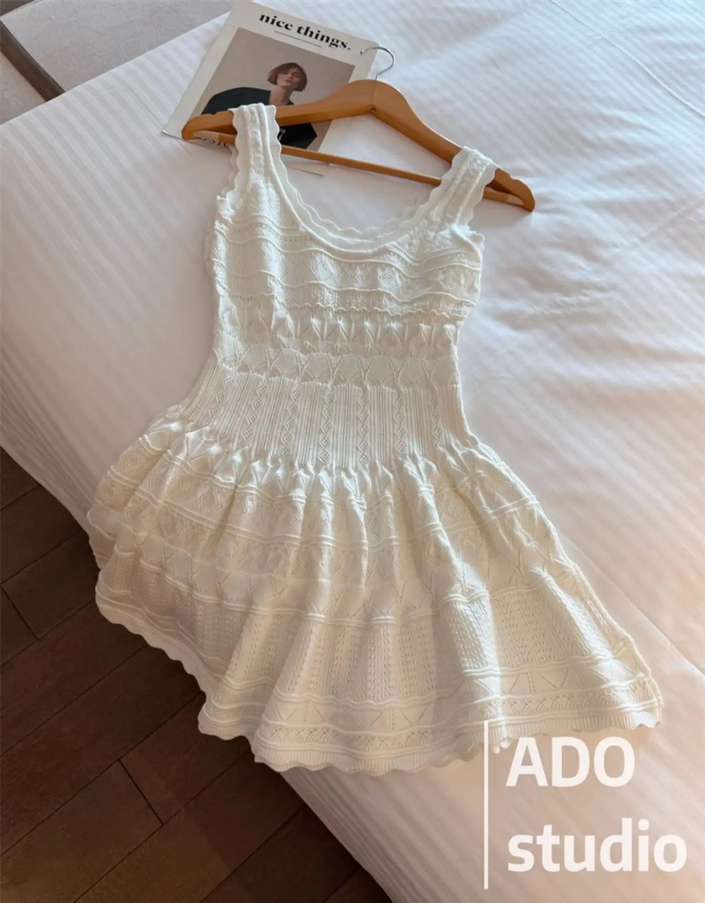 White Sweet A-line Ruffle Edge Knitted Vest Dress Women's Summer French Fashion Slim Temperament Sexy Girl Hollow Short Dress