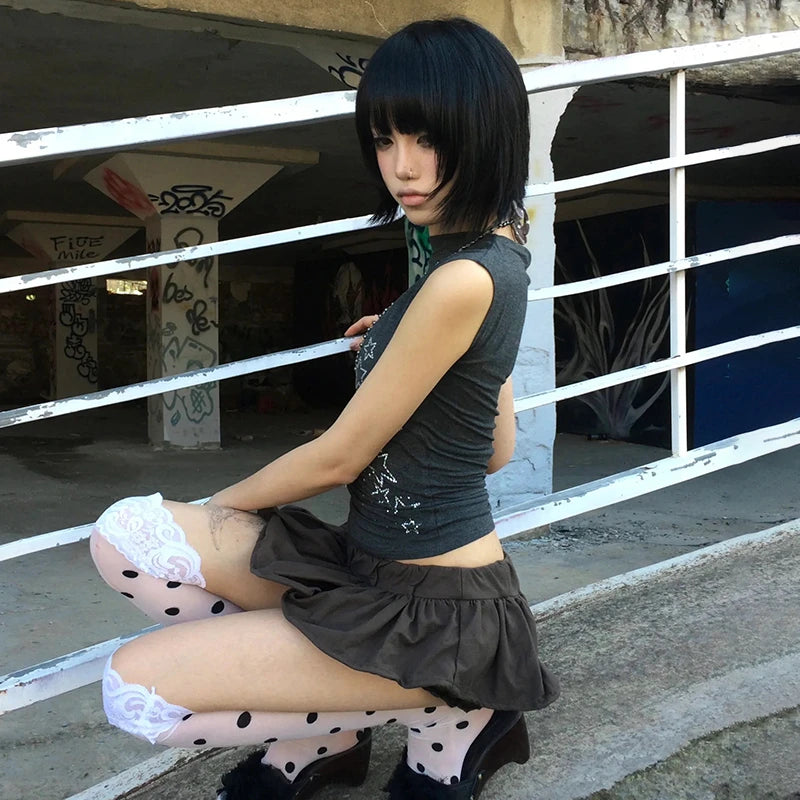 Karrram Japanese Y2k Off Shoulder T-shirt Trashy 2000s Style Rhinestones Sleeveless Top Vintage Harajuku Crop Top American Retro