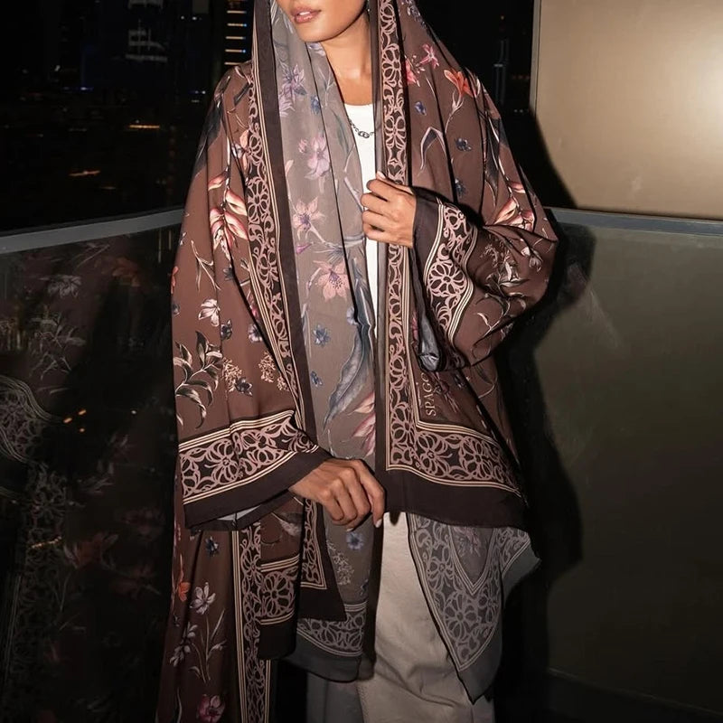 Elegant High Street Swing Vacation Jackets 2025 New Women's V Neck Autumn Coat Floral Print Long Sleeved Loose Muslim Cardigan