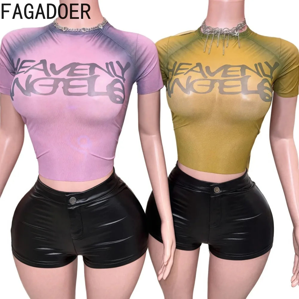 FAGADOER Y2k Fashion Mesh Letter Print 2 Piece Sets Woman Outfit See Through Short Sleeve Crop Top and Leather Short Streetwear