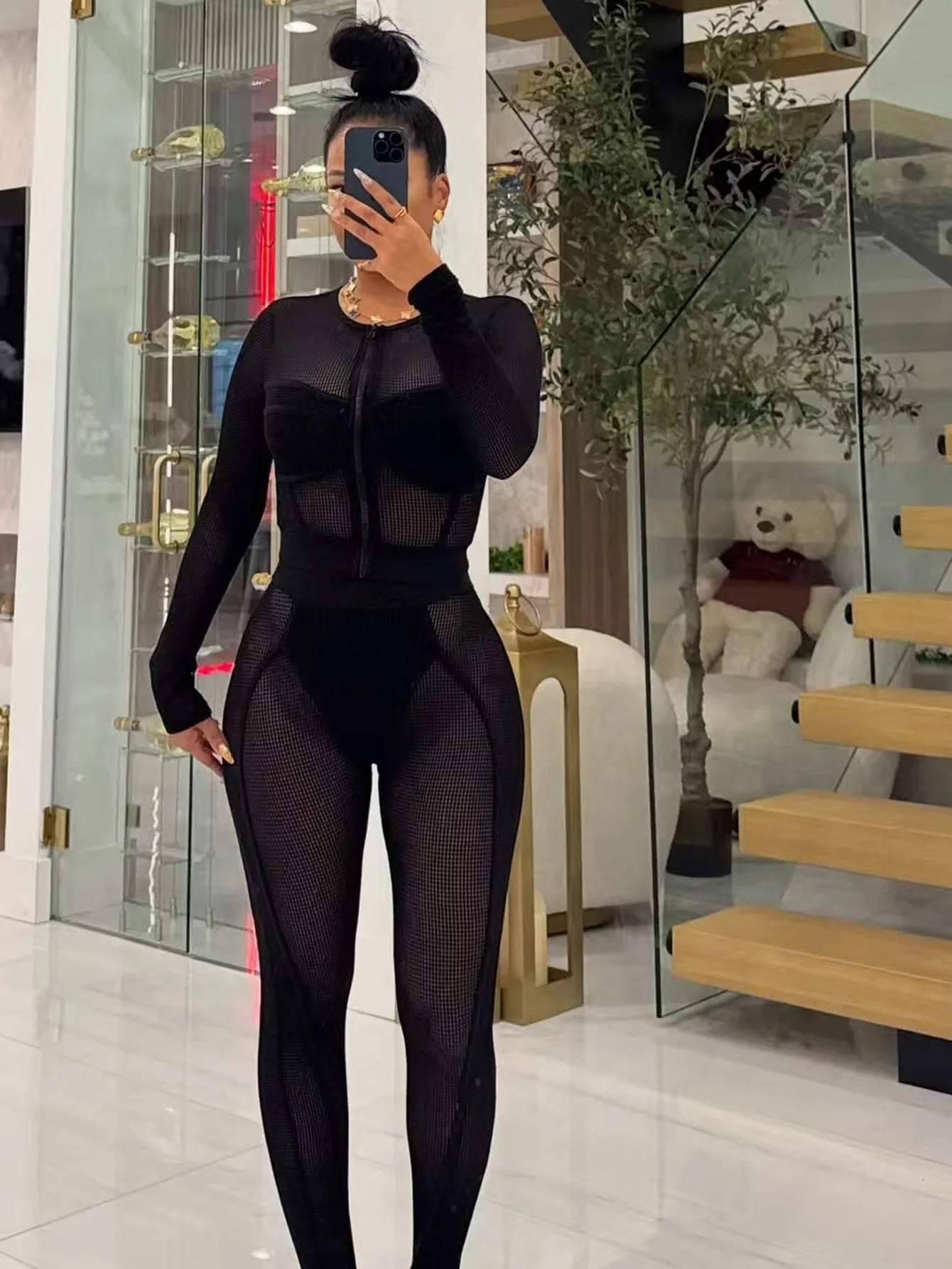 FAGADOER Sexy Hollow Out Bodycon 2 Pieces Set for Woman Mesh See Through Long Sleeves Tops + Leggings Matching Female Streetwear