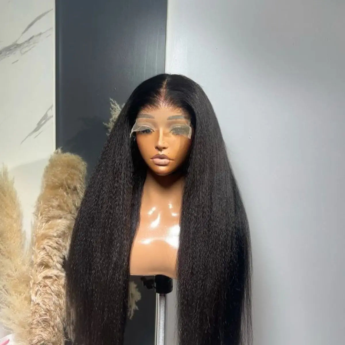 Yaki Kinky Straight Soft Black Color Synthetic 13X4X1 HD Lace Frontal Wig For Women Prepucked With Baby Hair Glueless Wig Party