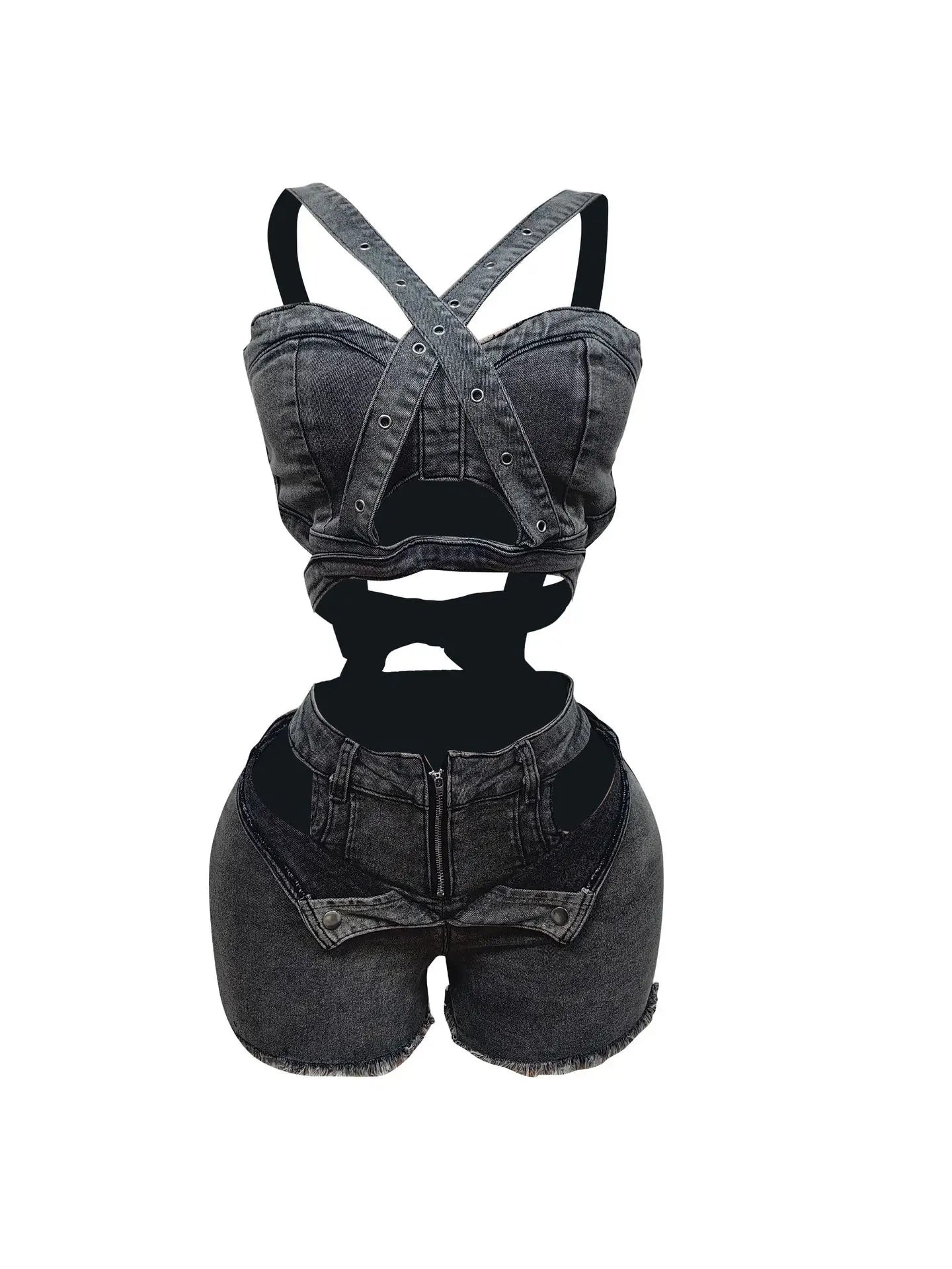 CM.YAYA Sexy Holiday Denim Women's Set Halter Neck Crop Tops and Ripped Out Shorts Jeans 2025 Summer Two 2 Piece Sets Outfit