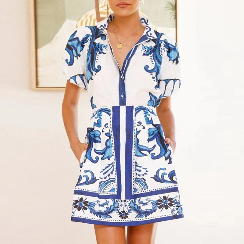 Pattern Printed Casual Women's Suits Summer Lapel Collar Puff Top with Skirt 2 Piece Set Fashion Vacation Pocket Loose Outfits