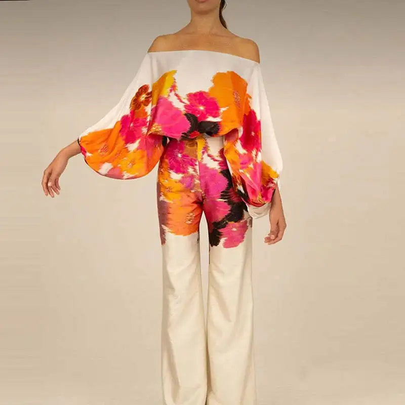 CM.YAYA Women Set Full Batwing Sleeve Slash Neck print Top + Wide Leg Pants Summer Street Two 2 Piece Sets Sexy Outfit Tracksuit