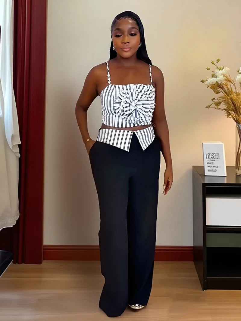 CM.YAYA Fashion Women's Set Striped Strap Floral Applique Crop Top and Wide Leg Pants Suit 2025 Two 2Piece Sets Outfit Tracksuit