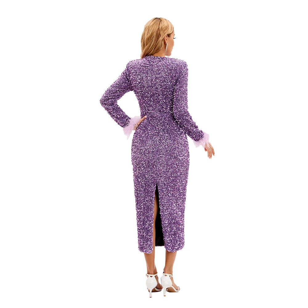 Women's Dress Elegant Celebrity Party Sequin Cuff Feather Retro Slim Long-Sleeve Long Dress Fashion Evening Party Dress