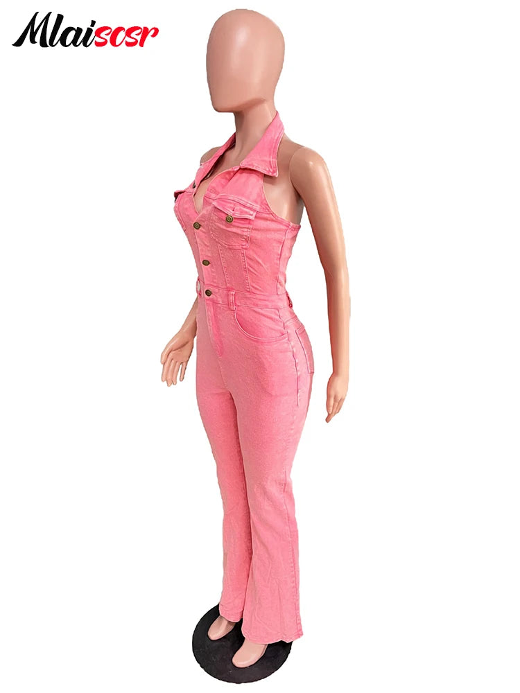 Mlaiscsr Women Pink Stretch Denim Jumpsuit Halter Sleeveless Backless One Pieces Wide Leg Overalls Flare Pants Jeans Rompers New