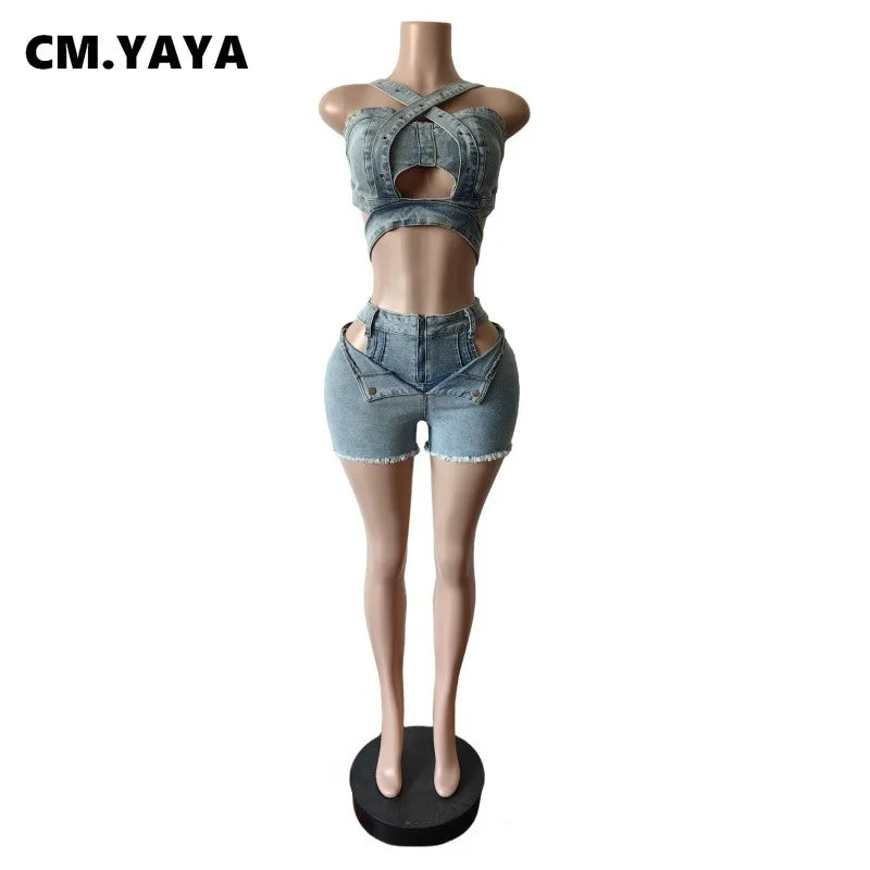 CM.YAYA Sexy Holiday Denim Women's Set Halter Neck Crop Tops and Ripped Out Shorts Jeans 2025 Summer Two 2 Piece Sets Outfit