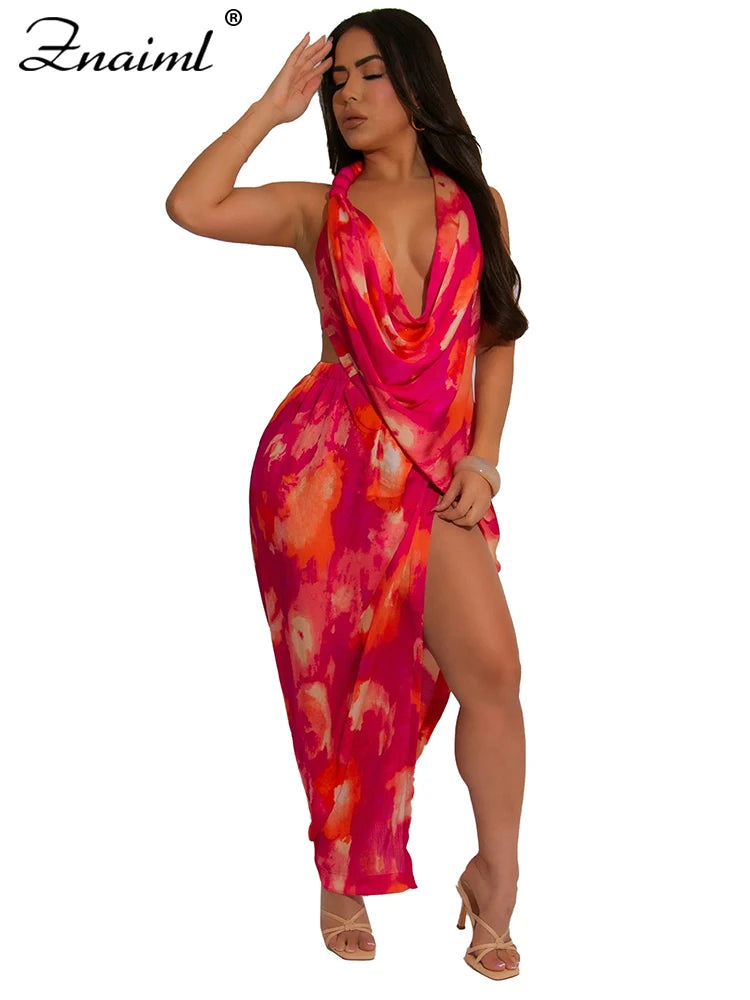 Znaiml Sexy Beach Vacation Deep V-neck Bead Halter Sleeveless Backless Dress Women Fashion High Split Printed Night Club Robe