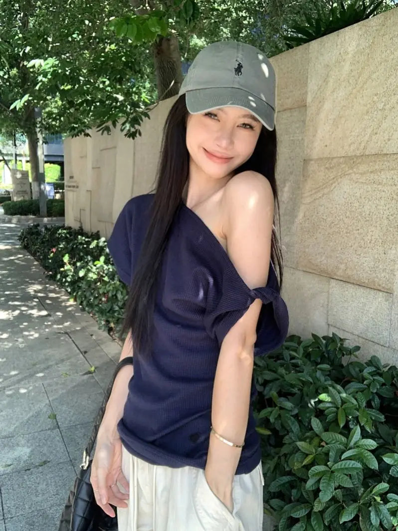 Waffle Off shoulder Short sleeve T shirt Women Elegant Youth Summer Top Korean Chic Holiday Lady Casual Tee 2025