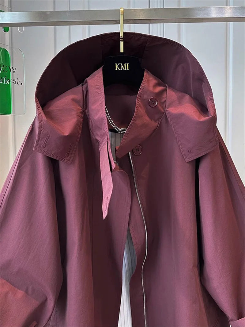 Fem Cotton Trench Coat For Women Casual And Versatile Loose And Slimming Autumn Simple Hooded Long Jacket For Women Windbreaker