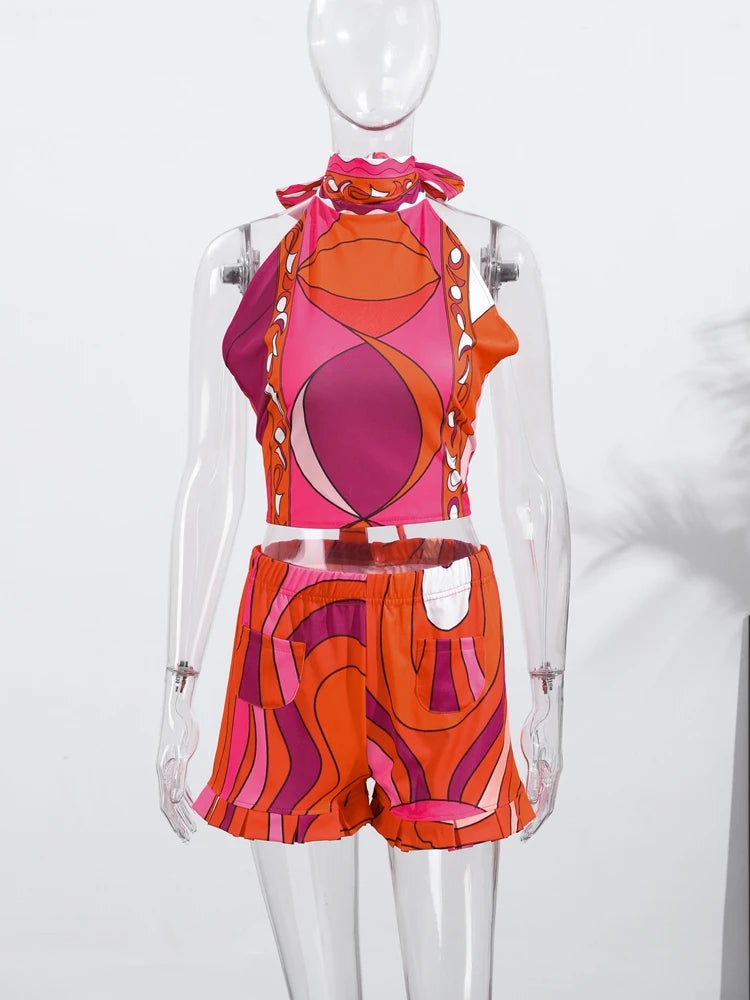 Print Irregular Women's Short Skirt Suits Halter Lace Up Backless Sleeveless Tank Top High Waist Sets Summer Lady Beach Outfits