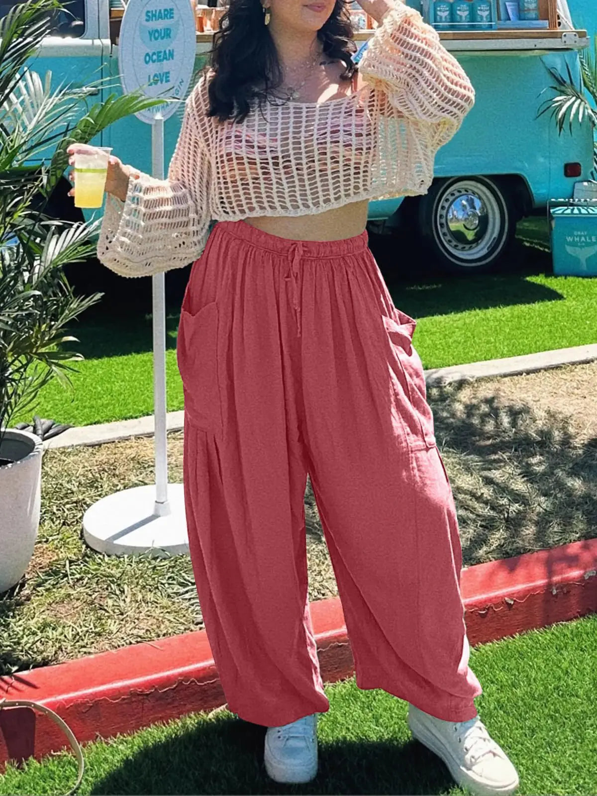 Loose Wide Leg Pants Women's Clothing Elastic Waist Pleated High Waist Casual Cotton Linen Solid Color Trousers Pants
