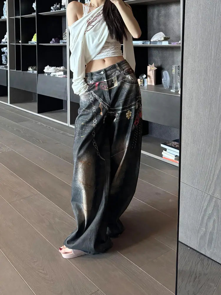 Y2K Retro Block Era Belt Printed Wash Jeans Loose Hot Girls Casual High Street Wide-leg Pants Women's Popular Large-size Pants