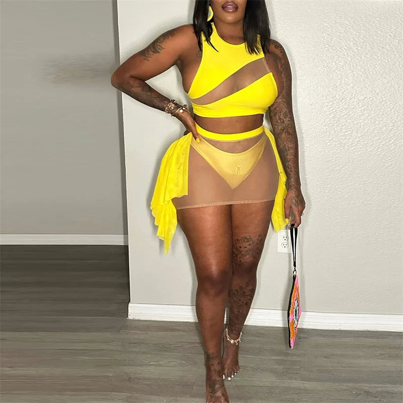 Sexy Mesh See-through Patchwork 2 Piece Sets Women Outfit Festival Clothing Tank Crop Top and Mini Skirt Set Night Club Outfits