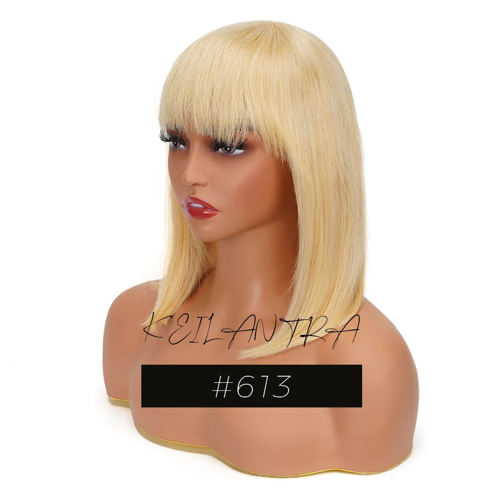 Straight Human Hair Bob Wigs with Bangs Remy Full Machine Made for Women Hightlight Burgundy Brown Colored BOB Wig