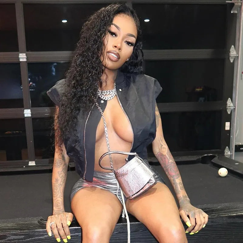 Joskaa Casual Black Cardigan Tops Women Hipster O-Neck Sleeveless Zipper Vests Jackets 2025 Summer Outerwear Y2K Streetwear