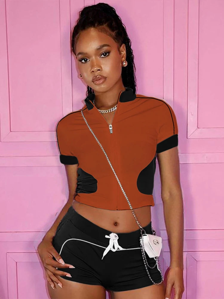 Weird Puss Summer Women Casual 2 Piece Set Tracksuit Zip Patchwork Shorts Sleeve Crop Tops+Shorts Stretch Sporty Outfits