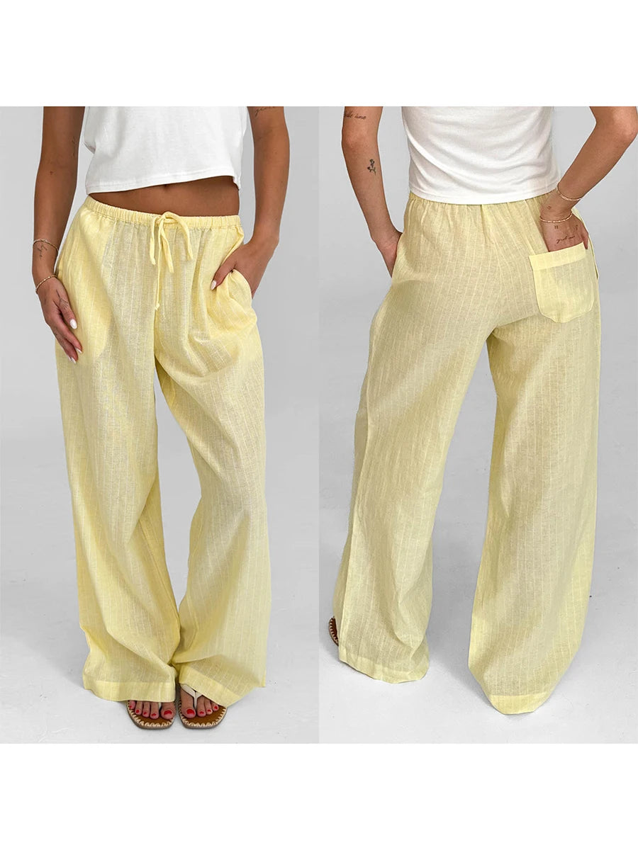 Women Loose Pants Stripe Micro-Sheer Drawstring Elastic Waist Trousers Spring Fall Casual Sweatpants Bottoms