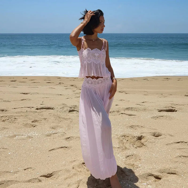Elegant Hollow Out Lace Two Piece Summer Outfit For Women