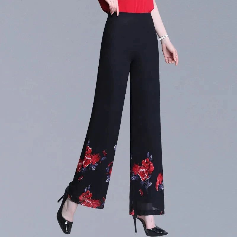 Double Layer Printed Chiffon Wide Leg Pants For Women's Summer New High Waisted Loose Dance Swing Pants Drooping Skirt Pants LA