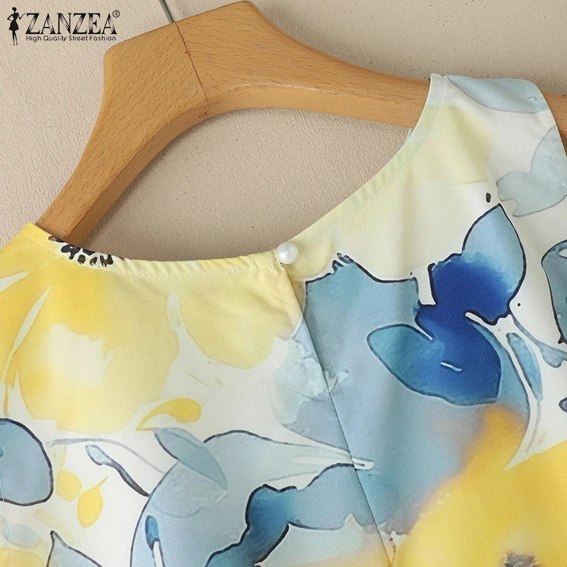 ZANZEA Womens 2025 Summer Casual Floral Printed Tank Tops Fashion O-Neck High-Low Sleeveless T-Shirts Day Wear Simple Camis Tops