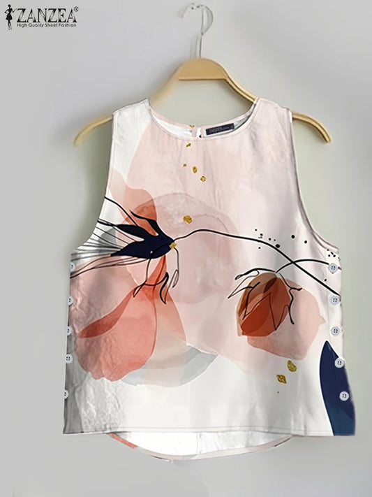ZANZEA Womens 2025 Summer Casual Floral Printed Tank Tops Fashion O-Neck High-Low Sleeveless T-Shirts Day Wear Simple Camis Tops