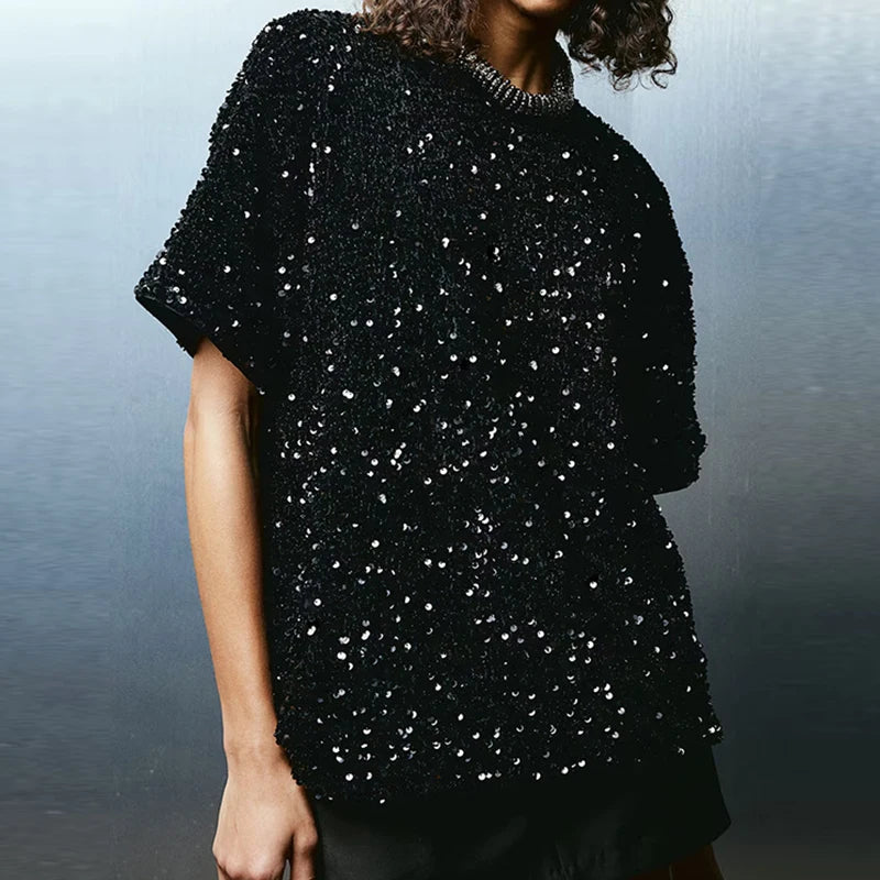 2025 Velvet Sequin Solid Color Club Party Shirt Elegant Loose Commuting Top Spring Summer O-neck Short Sleeved Women's Pullover