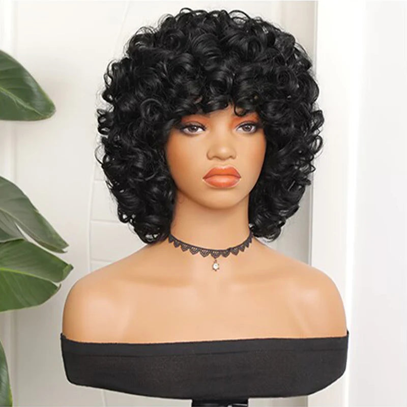 Curly Wigs for Black Women Short Kinky Curly Black Wigs for Women Big Curly Afro Soft Wig with Bangs Heat Resistant Natural Cute