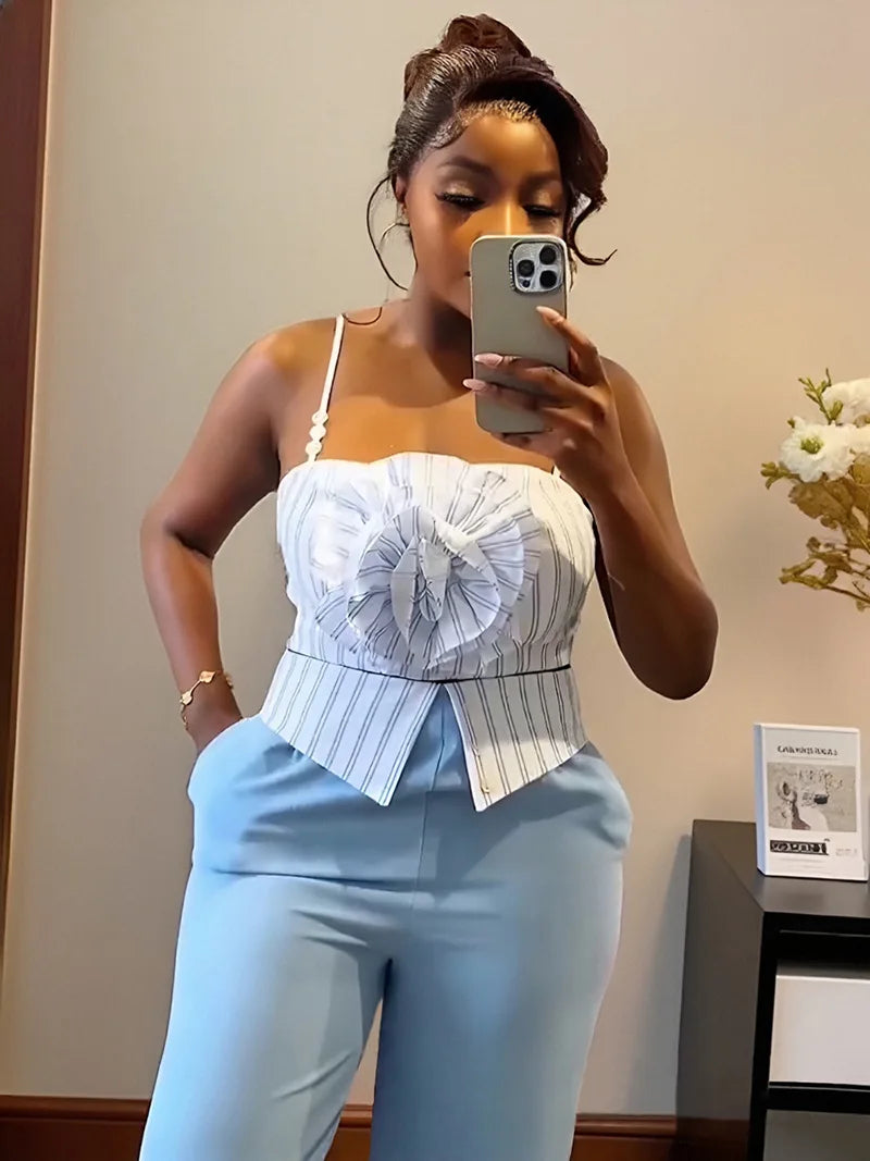 CM.YAYA Fashion Women's Set Striped Strap Floral Applique Crop Top and Wide Leg Pants Suit 2025 Two 2Piece Sets Outfit Tracksuit