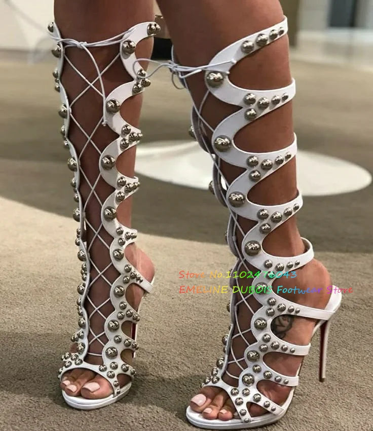 White Leather Gold Round Studed Decor Knee High Boot Women Peep Toe Stilettos Lace Up Cut Out Slingback Gladiator Sandals