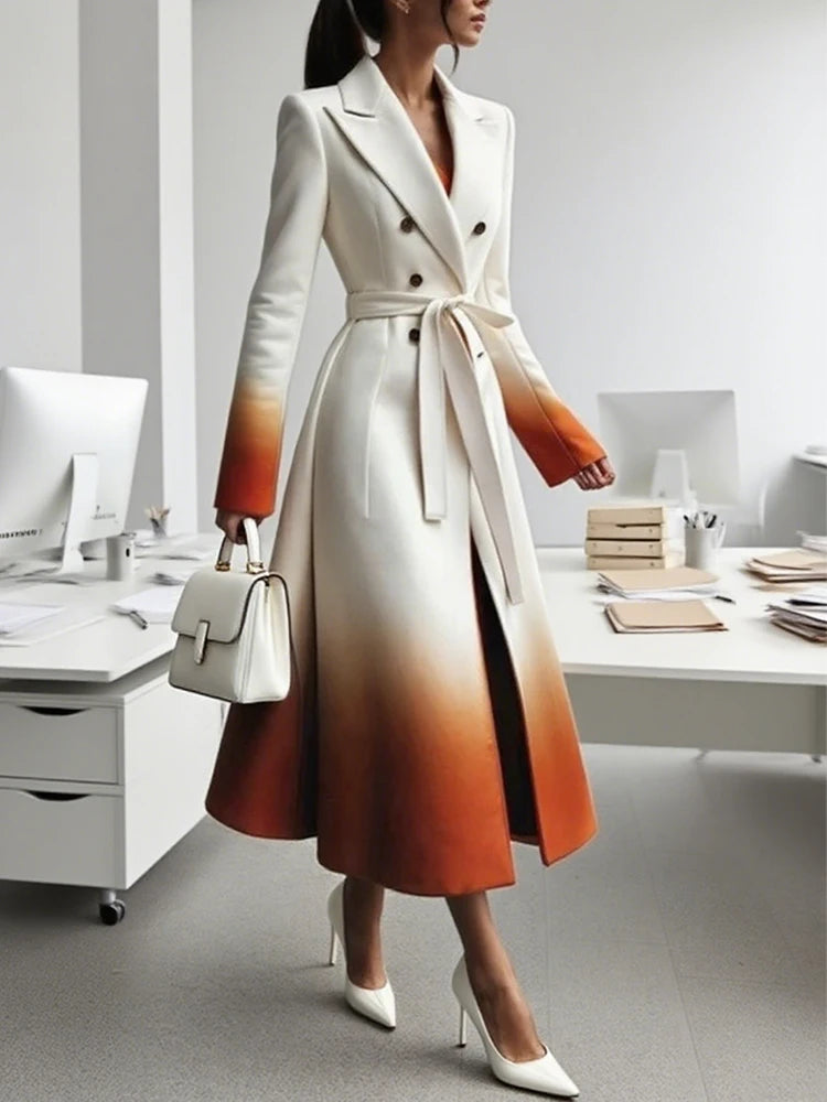 Beautyblue Fashion Women Gradient Outerwear Long Blazer Elegant Loose Tied Waist Buttoned A-Line Woolen Coat for Office Commute