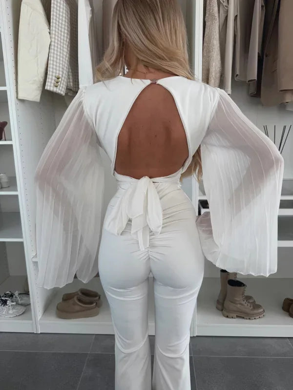 2025 Women's Spring Autumn New Fashionable Waist Collection Sexy V-neck Bag Sleeve Solid Color Wrinkled Long Sleeve Top